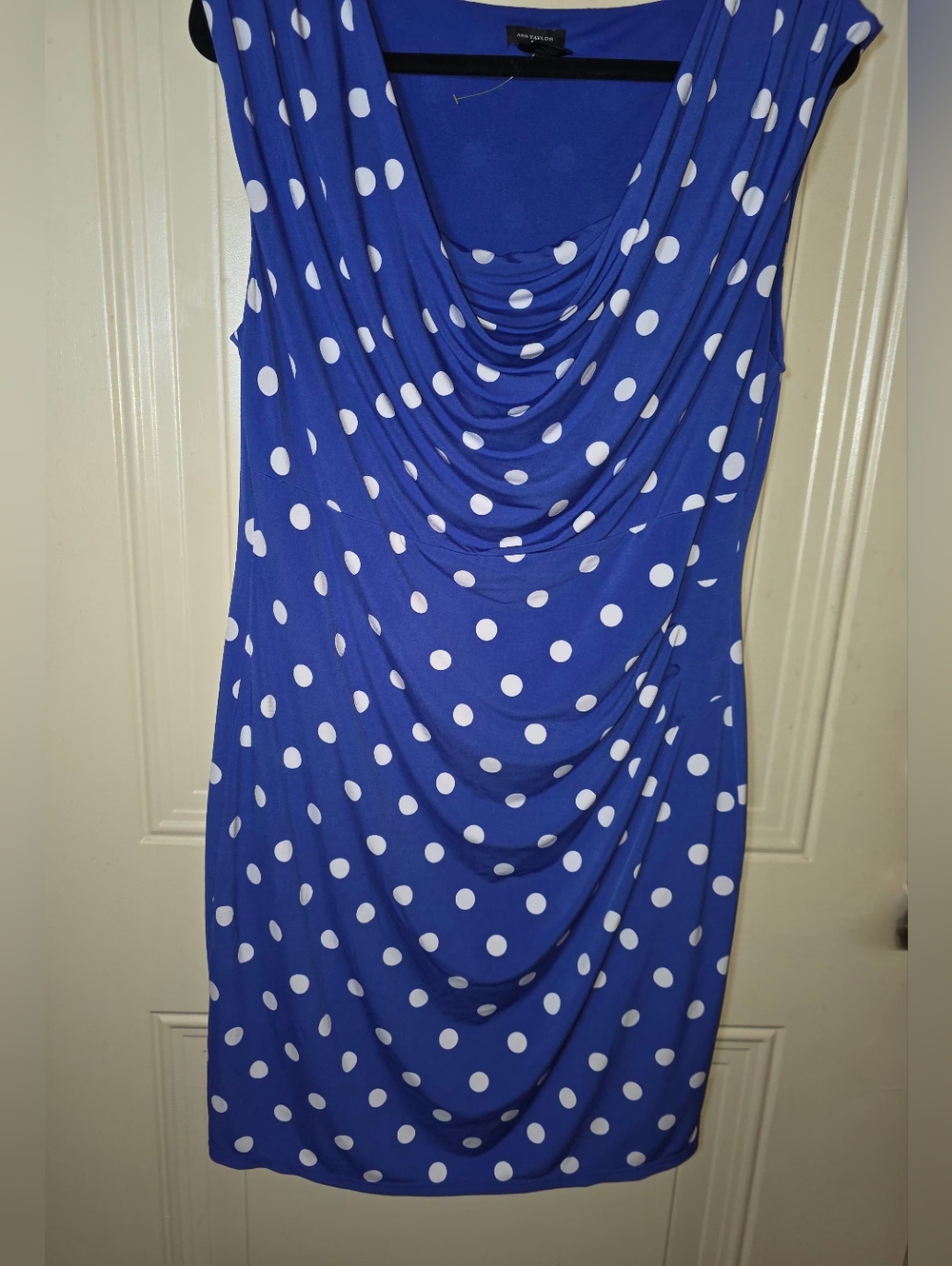 Ann Taylor Royal Blue & White Polka Dot Cowl Neck Midi Dress - Picture 8 of 9
